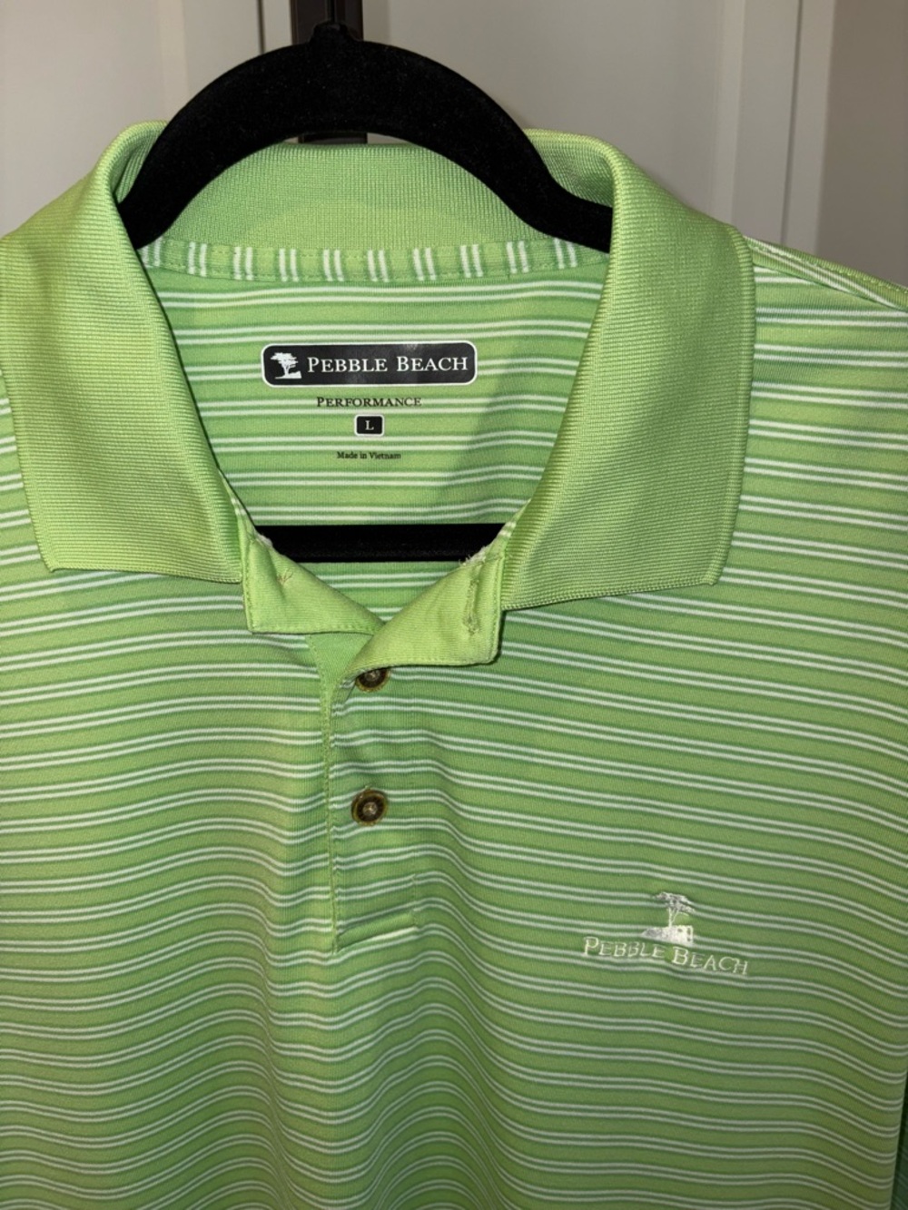 Pebble Beach Green & White Striped Performance Polo Shirt Embroidered Large Golf